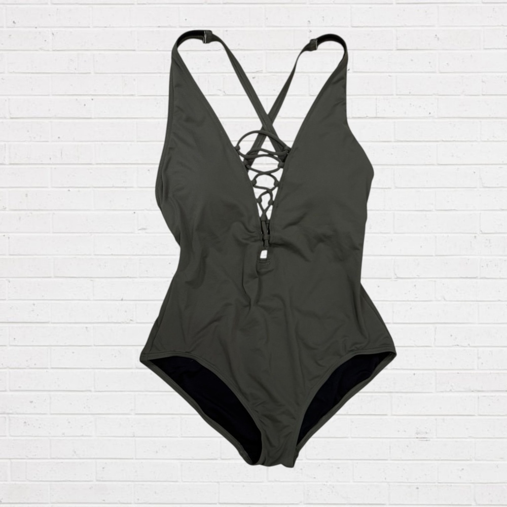 MICHAEL KORS 1-pc Olive Green One Piece Swimsuit Deep V Laced Size 10